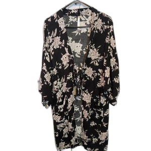 Spiritual Gangster 3/4 Sleeve Black & Floral Print Tie Front Kimono 0/S VGUC  - Picture 1 of 5