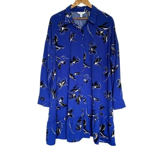 Nine West Shirt Dress Women's XXL Blue Floral Ruffle Hem Long Sleeve Button Down - Picture 1 of 10