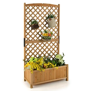 Wooden Raised Garden Bed w/ Trellis Diamond Lattice Trellis Indoor Outdoor - Picture 1 of 9