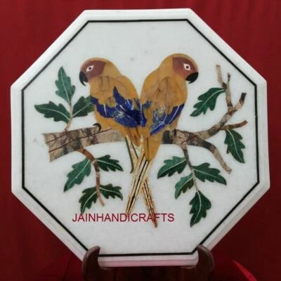 18'' white marble table top parrot center inlay lapis pietra dura wall decor - Image 1 of 4