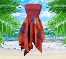 Women’s Summer Patchwork Dress Hippie Dress Cotton Red Boho Patchwork S/M
