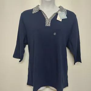 Liz & Me NEW Shirt Navy Blue 1X Contrast Collar 3/4 Sleeve Knit Pullover Top - Picture 1 of 7