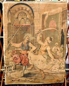Antiker Gobelin Wandteppich mit türkischen Derwischen tanzen den Säbeltanz - Bild 1 von 8