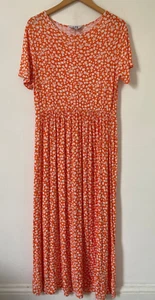Long Tall Sally Dress Size 14 Orange Midi Floral Jersey Stretch Elastic Waist - Picture 1 of 7