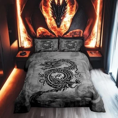  Juego de edredón Dragon tamaño 3 piezas, graffiti negro vintage gris rey Foto 1 de 4