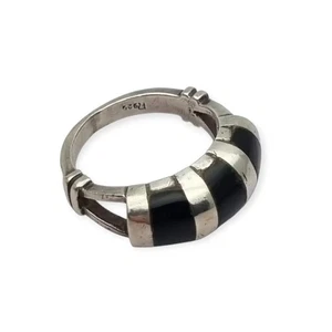 Vintage 925 Silver Black Onyx Inlay Striped Ring, Ge Design - Picture 1 of 10