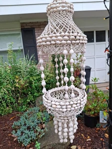 Cowrie Puka Sea Shell Macrame Hanging Planter Boho 29" Chandelier Vintage Beach - Picture 1 of 24
