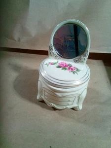 Jewelry Trinket Box Floral Dresser With Mirror Ring Vanity Ceramic Japan Vintage - Picture 1 of 4