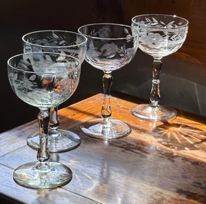 Bryce 30er Jahre Kristalloptik Schnaps Gläser. VIER, Blumen grau geätzt. Vorbau #760 - Bild 1 von 15