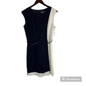 New Calvin Klein Womens Size 8 Navy Blue White Dress Sleeveless Sheath Lined N2 - Picture 1 of 12