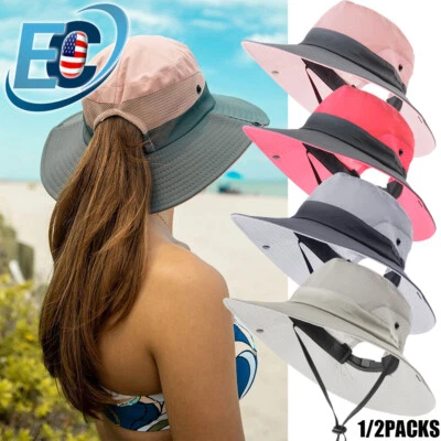 Gorra de viaje para mujer de verano cola de caballo cubo Bonnie sombrero ala ancha protección solar UV Foto 1 de 4