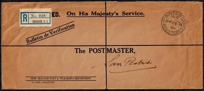 New Zealand 1941 Registered OHMS Cover w/OFFICIAL PAID CIRCLE in RED RARE - Image 1 of 4