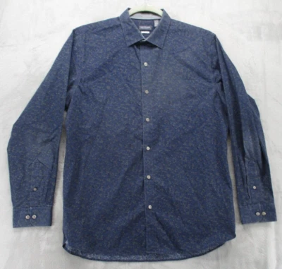 Van Heusen Button Up Shirt Men's L Blue w/ Gray Black Floral Print Cotton Blend - Image 1 of 4