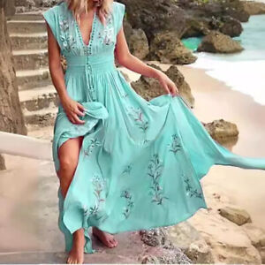 Womens Summer Boho Floral Maxi Dress Ladies V Neck Beach Holiday Long Sun Dress