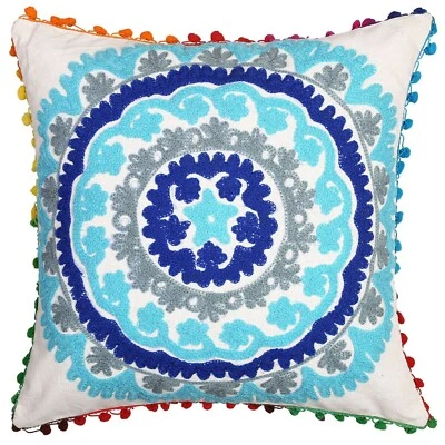 Decorative Cotton Floral Pom Pom White 17x17 Embroidered Suzani Pillow Cover - Image 1 of 4