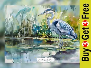Anmutiger Reiher Aquarell, Aquarell Maldruck 5""x7"" auf mattem Papier - Bild 1 von 7