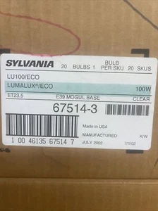 Sylvania 67514-3 Lumalux 100 Watt Clear E39 Mogul Base.  LU 100/Eco. Case Of 20 - Picture 1 of 5