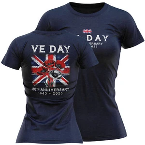 Womens VE Day T Shirt Union Jack with Poppies 80th Anniversary Design - Picture 1 of 11