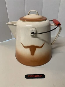 Texas Longhorn Emaillegeschirr Cowboy Kaffeekanne - Vintage roter Holzgriff *LESEN* - Bild 1 von 11