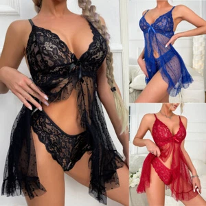 Women Lace Lingerie Front Closure Babydoll V Neck Nightwear Sexy Chemise Nightie - Picture 1 of 34