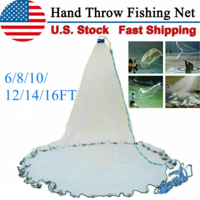 AIRKOUL 6/8/10/12/16FT Fishing Cast Net Bait Easy Throw Hand Cast Strong Nylon Mesh USA