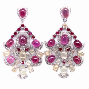 925 Sterling Silver Red Ruby, Citrine, Sapphire & Zircon Earrings - Picture 1 of 4