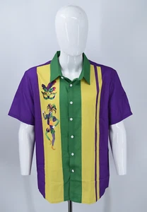 Mardi Gras New Orleans Jester Striped Colorblock S/S Button Up Shirt Mens Large - Picture 1 of 13