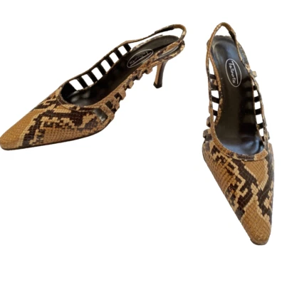 Talbots Piel de Serpiente Estampado Cuero Eslinga Trasera Tono Marrón Tacones 10 M Libby Foto 1 de 4