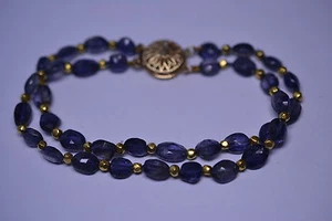 14K YELLOW GOLD FACETED IOLITE & GOLD BEAD DOUBLE STRAND BRACELET FILIGREE CLASP - Picture 1 of 7