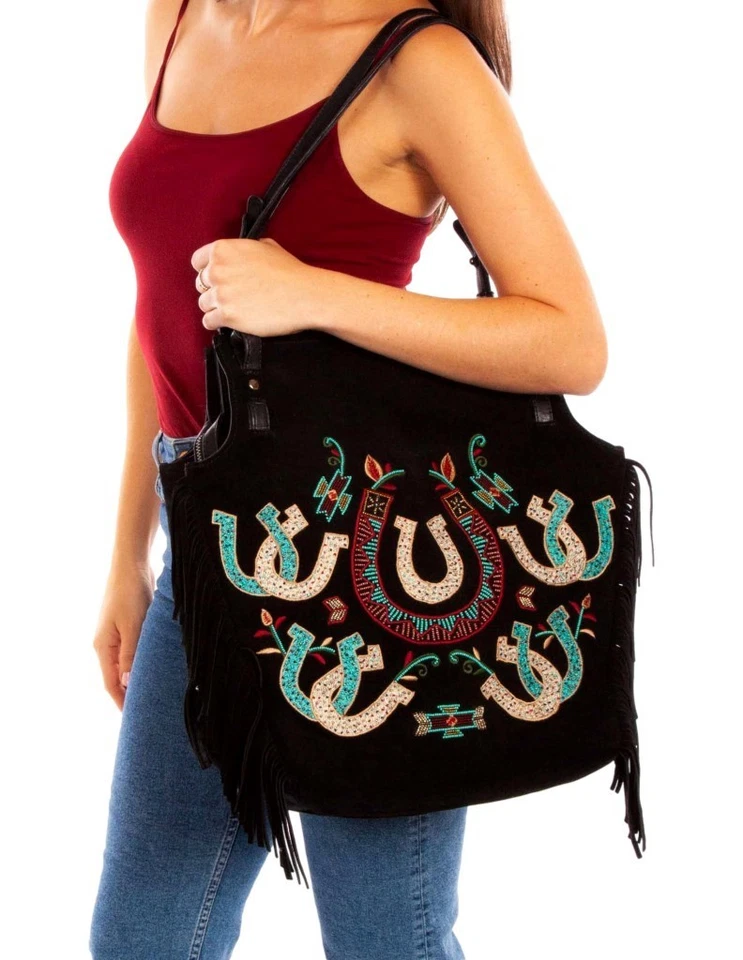 Scully Western Handbag Shoulder Horseshoe Design Leather Black F0 B214