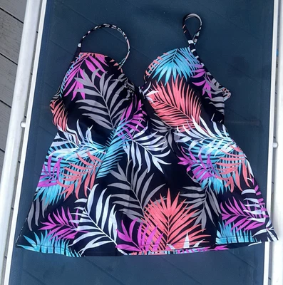 Camiseta Tankini Island Escape Talla 16 Con Aros Estampado de Palma Tropical Escorpio Negra Nueva con Etiquetas Foto 1 de 4