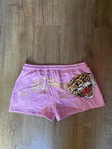 Ed Hardy Pink Cotton Mini Sweat Shorts Tiger Design Size Large - Picture 1 of 10