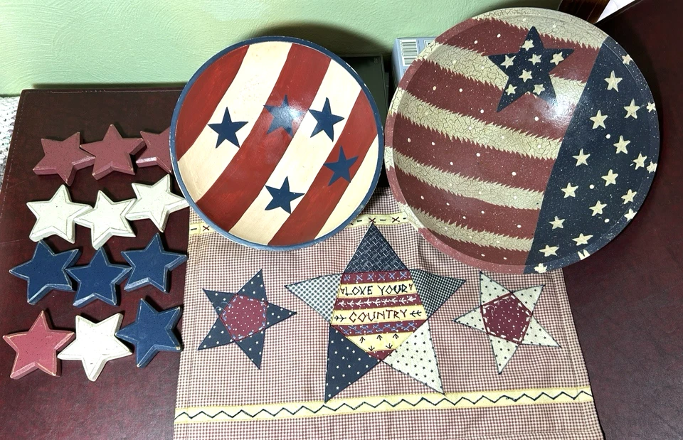 Rustic Lot 2 Wood Wooden Patriotic Flag Red White Blue Bowls, 24 Stars Placemat - Image 1 of 4