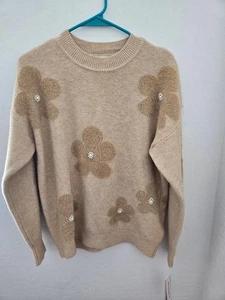 Suéter Pullover NANETTE LEPORE Camel Perla Adornado Flor Mediano Nuevo con Etiquetas - Imagen 1 de 3