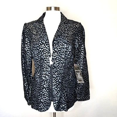 Chaqueta de cuero Pamela McCoy para mujer L negra plateada cuello estampado leopardo metálico Foto 1 de 4