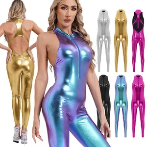 Body donna Unitard metallizzato lucido pezzo unico bodycon tuta catsuit club body - Foto 1 di 56