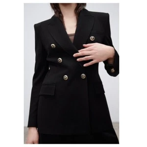 NWT ZARA Women Tailored Double Breasted Blazer Pea Coat Black Gold Size Medium - Picture 1 of 6