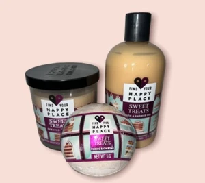 Lot Of 3 Find Your Happy Place:Bath Gel, Bomb, & Candle-Brown Sugar And Cinnamon - Picture 1 of 3