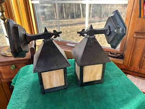 Pair Paint on Copper Mission Slag Glass Porch Sconces, Need Restored, Free S/H - Picture 1 of 7