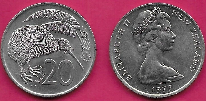 NUEVA ZELANDA 20 CENTAVOS 1977 AU KIWI PÁJARO CON RAMITAS ARRIBA, VALOR ABAJO, ISABEL I Foto 1 de 1