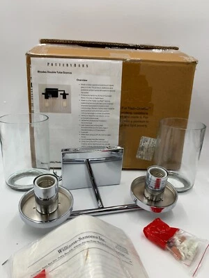 Pottery Barn Rhodes Double Tube Sconce w/ Shade Chrome 15.5"w #4836 - Image 1 of 4