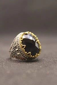 Men's Ottoman-Style Ring with Large Faceted Black Stone – Gold Claw Bezel & Orna - Picture 1 of 6