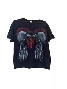 Vintage Y2k Skull Rose Wings Graphic Big Print T Shirt Vtg Flower Multicolor - Picture 1 of 7