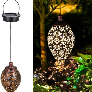 Solar Power LED Hanging Lantern Light Metal Garden Yard Decor Lamp Rechargeable - Picture 1 of 4