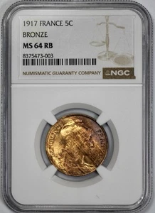 1917 France 5 Centimes NGC MS 64 RB Bronze Red Brown - Picture 1 of 4
