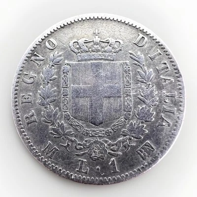 Italy 1 Lire Milano, 1867 Vittorio Emmanuel Il Silver KM#5a 4.7gr AE082E - Image 1 of 2