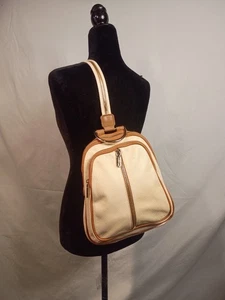 Y2K VALENTINA Convertible Sling Bag Day Pack Ivory Pebbled Leather Brown Trim - Picture 1 of 15