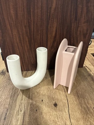 Juego de 2 jarrones abstractos minimalistas de cerámica florero rosa y blanco Foto 1 de 4