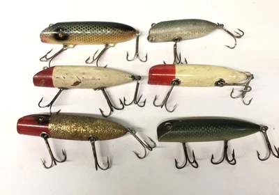 6 señuelos de pesca oreno lubina de madera South bend uno con ojos de vidrio Foto 1 de 4