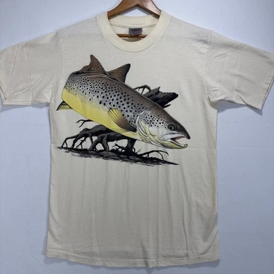 VTG 80s Oneita  Harlequin NG Fish T Shirt Sz L Bass Trout Habitat Single Stitch - Image 1 of 4
